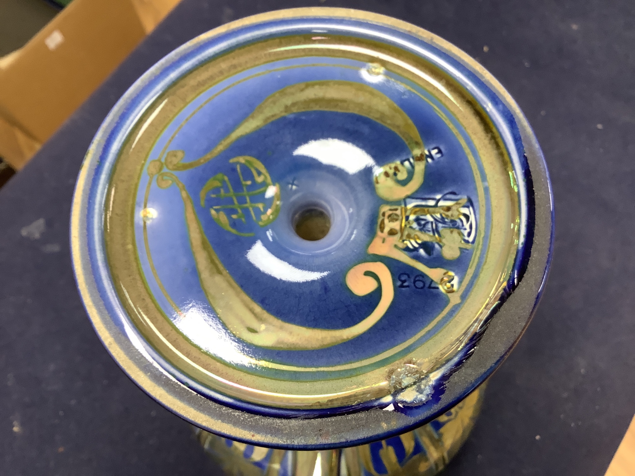 A Pilkingtons Royal Lancastrian lustre loving cup, monogram for Gordon M Forsyth, height 24cm (a.f.)